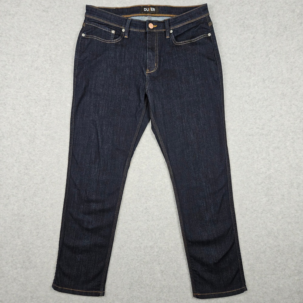 DUER Mens 34x30 Dark Wash Blue Jeans L2X Relaxed Taper Performance Denim Stretch